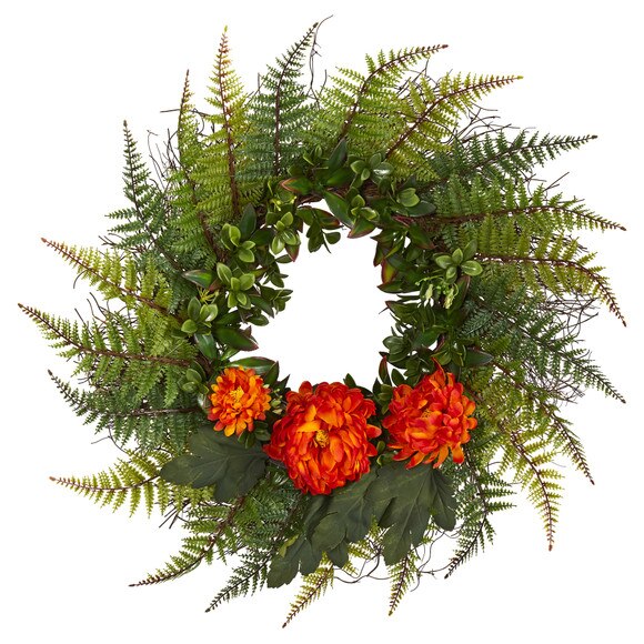 23 Assorted Fern and Chrysanthemum Artificial Wreath - SKU #W1027-CR - 6