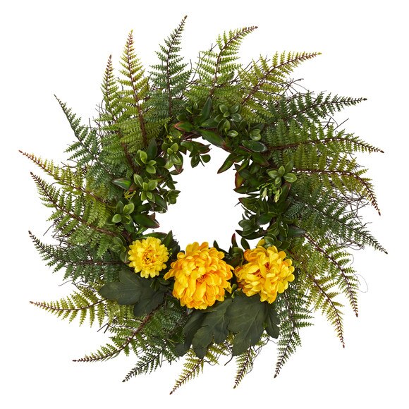 23 Assorted Fern and Chrysanthemum Artificial Wreath - SKU #W1027-CR
