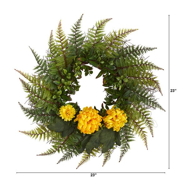 23 Assorted Fern and Chrysanthemum Artificial Wreath - SKU #W1027-CR - 1