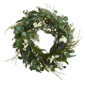 24 Eucalyptus Dancing Daisy and Mixed Greens Artificial Wreath - SKU #W1028