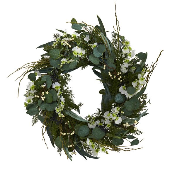 24 Eucalyptus Dancing Lady Orchid and Mixed Greens Artificial Wreath - SKU #W1032-GR - 6