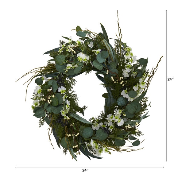 24 Eucalyptus Dancing Lady Orchid and Mixed Greens Artificial Wreath - SKU #W1032-GR - 7