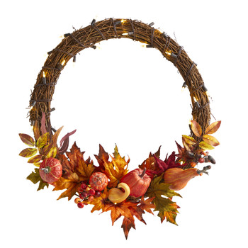 22 Pumpkin and Maple Artificial Autumn Wreath with 50 Warm White LED Lights - SKU #W1039