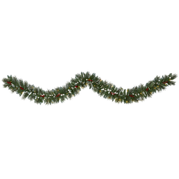 9 Frosted Swiss Pine Artificial Garland with 50 Clear LED Lights and Berries - SKU #W1102