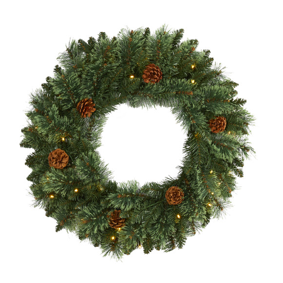24 White Mountain Pine Artificial Christmas Wreath with 35 LED Lights and Pinecones - SKU #W1112