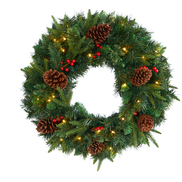 24 Mixed Pine Artificial Christmas Wreath with 35 Clear LED Lights and Berries - SKU #W1117