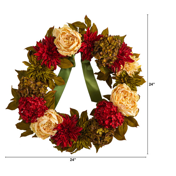 24 Peony Dahlia and Hydrangea Artificial Wreath - SKU #W1122 - 1