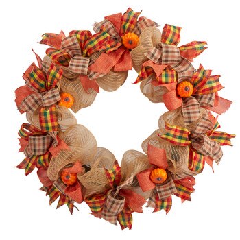 30 Autumn Pumpkin with Decorative Bows Artificial Fall Wreath - SKU #W1184