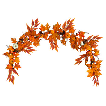 6 Assorted Autumn Maple Leaves Pumpkins Gourds Berries and Pinecone Artificial Fall Garland - SKU #W1217