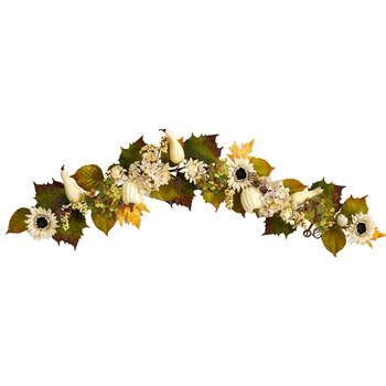 5 Fall Sunflower Hydrangea and White Pumpkin Artificial Autumn Garland - SKU #W1242