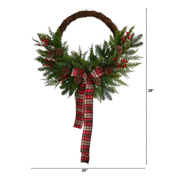 28 Pine and Pinecone Artificial Christmas Wreath with Decorative Bow - SKU #W1261 - 1