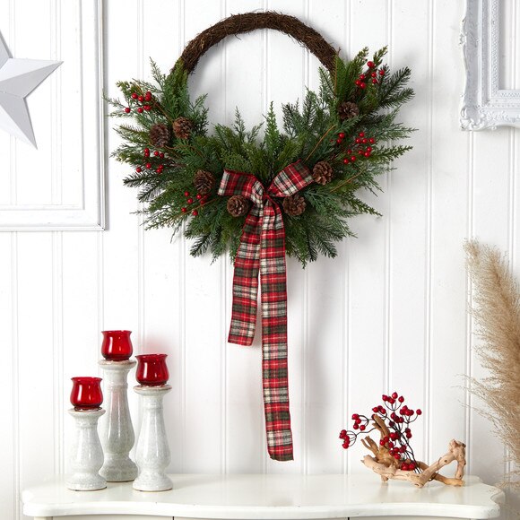 28 Pine and Pinecone Artificial Christmas Wreath with Decorative Bow - SKU #W1261 - 2