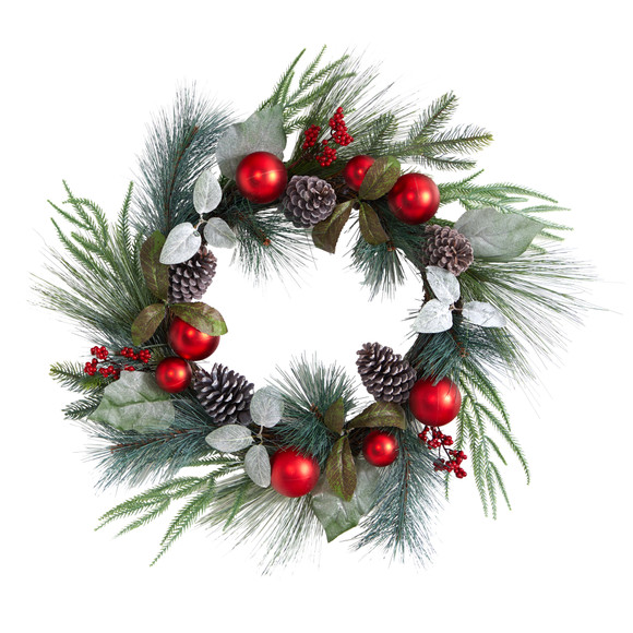 24 Assorted Pine Pinecone and Berry Artificial Christmas Wreath with Red Ornaments - SKU #W1267