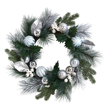 24 Pinecones and Berries Christmas Artificial Wreath with Silver Ornaments - SKU #W1268