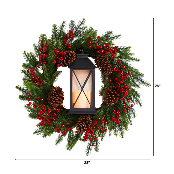 28 Berries and Pine Artificial Christmas Wreath with Lantern and Included LED Candle - SKU #W1271 - 1
