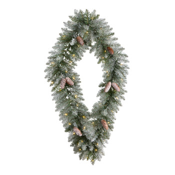 3 Holiday Christmas Geometric Diamond Frosted Wreath with Pinecones and 50 Warm White LED Lights - SKU #W1293