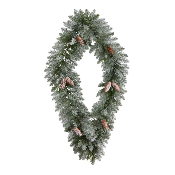3 Holiday Christmas Geometric Diamond Frosted Wreath with Pinecones and 50 Warm White LED Lights - SKU #W1293 - 2