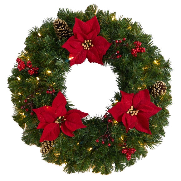 24 Poinsettia Berry and Pinecone Artificial Wreath with 50 Warm White LED Lights - SKU #W1301