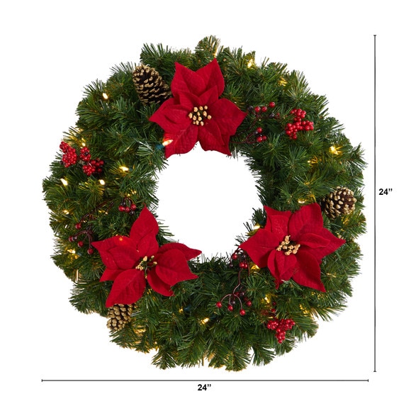 24 Poinsettia Berry and Pinecone Artificial Wreath with 50 Warm White LED Lights - SKU #W1301 - 1