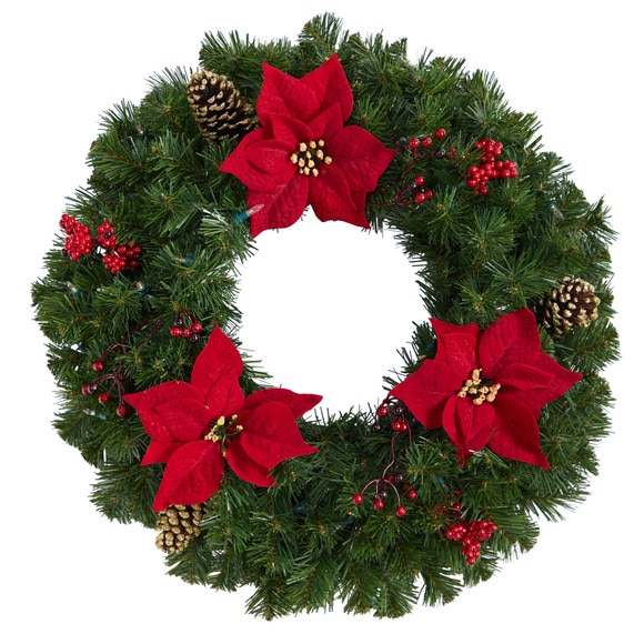 24 Poinsettia Berry and Pinecone Artificial Wreath with 50 Warm White LED Lights - SKU #W1301 - 2