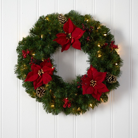 24 Poinsettia Berry and Pinecone Artificial Wreath with 50 Warm White LED Lights - SKU #W1301 - 3