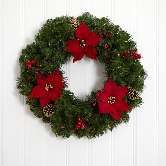 24 Poinsettia Berry and Pinecone Artificial Wreath with 50 Warm White LED Lights - SKU #W1301 - 4