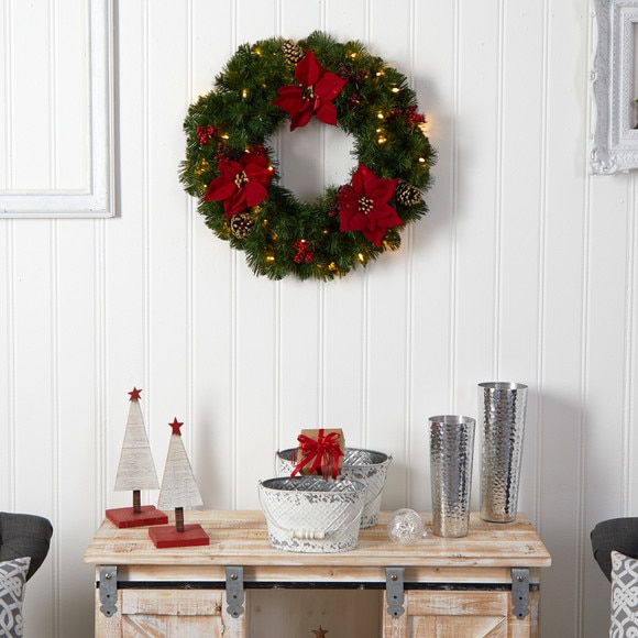 24 Poinsettia Berry and Pinecone Artificial Wreath with 50 Warm White LED Lights - SKU #W1301 - 5