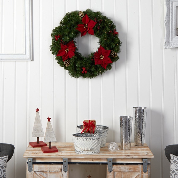 24 Poinsettia Berry and Pinecone Artificial Wreath with 50 Warm White LED Lights - SKU #W1301 - 6