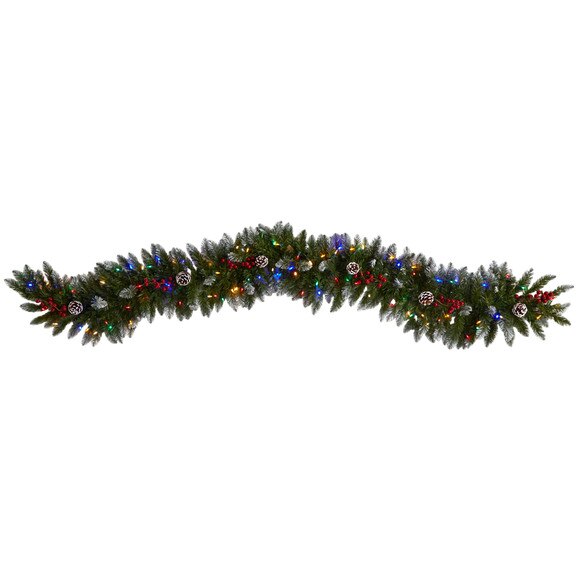 6 Snow Tipped Extra Wide Christmas Garland with Pinecones Berries and 100 Multicolor LED Lights - SKU #W1303