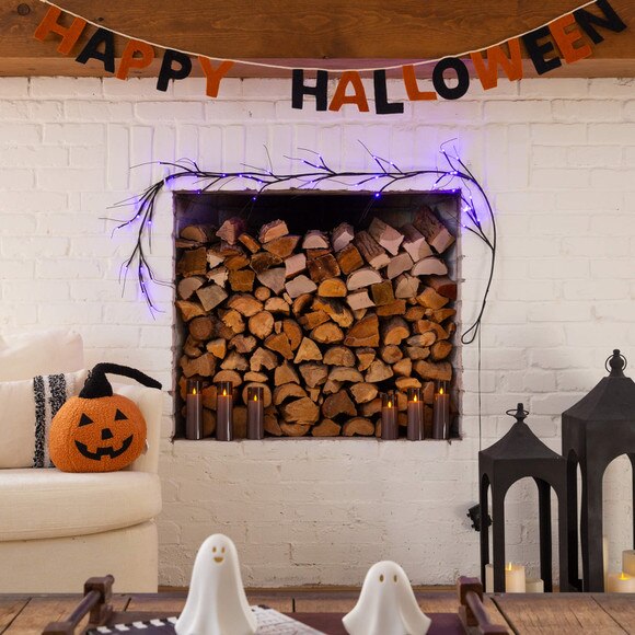 6.5-ft Pre-Lit Artificial Halloween Black Twig Garland with 48 Purple LED Lights - SKU #W1379 - 12