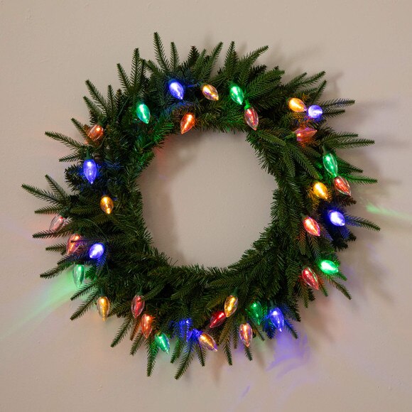 24-in Pre-Lit Artificial Luxembourg Pine Christmas Wreath with 35 Multicolored Traditional Bulb LED Lights - SKU #W1383 - 4