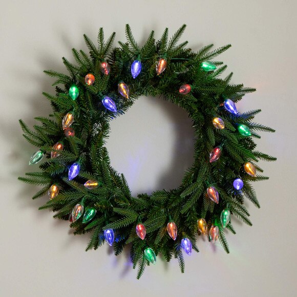 24-in Pre-Lit Artificial Luxembourg Pine Christmas Wreath with 35 Multicolored Traditional Bulb LED Lights - SKU #W1383 - 7