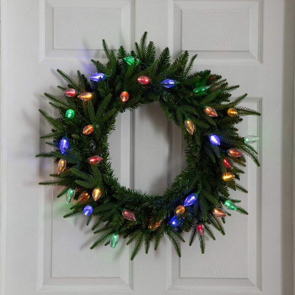 24-in Pre-Lit Artificial Luxembourg Pine Christmas Wreath with 35 Multicolored Traditional Bulb LED Lights - SKU #W1383 - 14