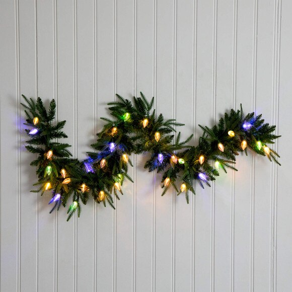 6-ft Pre-Lit Artificial Luxembourg Pine Christmas Garland with 35 Multicolored Traditional Bulb LED Lights - SKU #W1384 - 14