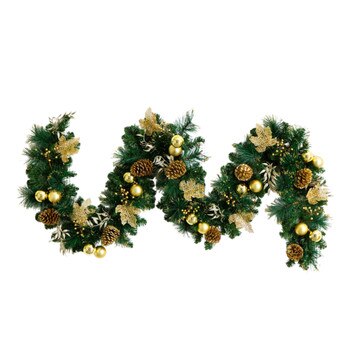 9-ft Pre-Lit Artificial Golden Frosted Christmas Garland with 50 Warm White LED Lights Pinecones Berries and Ornaments - SKU #W1385