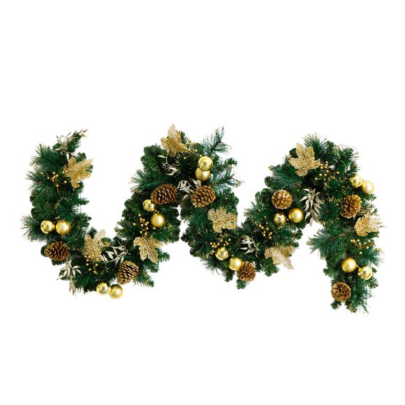 9-ft Pre-Lit Artificial Golden Frosted Christmas Garland with 50 Warm White LED Lights Pinecones Berries and Ornaments - SKU #W1385
