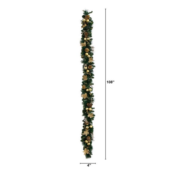 9-ft Pre-Lit Artificial Golden Frosted Christmas Garland with 50 Warm White LED Lights Pinecones Berries and Ornaments - SKU #W1385 - 1