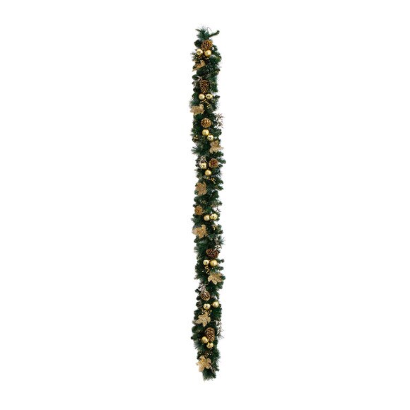 9-ft Pre-Lit Artificial Golden Frosted Christmas Garland with 50 Warm White LED Lights Pinecones Berries and Ornaments - SKU #W1385 - 2
