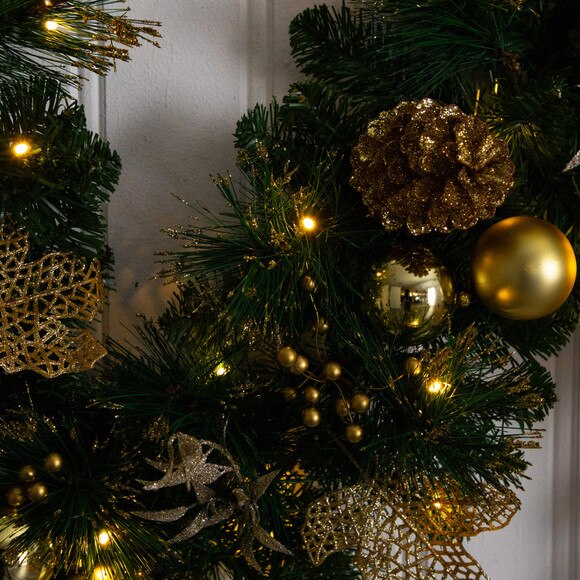 9-ft Pre-Lit Artificial Golden Frosted Christmas Garland with 50 Warm White LED Lights Pinecones Berries and Ornaments - SKU #W1385 - 4