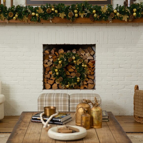 9-ft Pre-Lit Artificial Golden Frosted Christmas Garland with 50 Warm White LED Lights Pinecones Berries and Ornaments - SKU #W1385 - 7