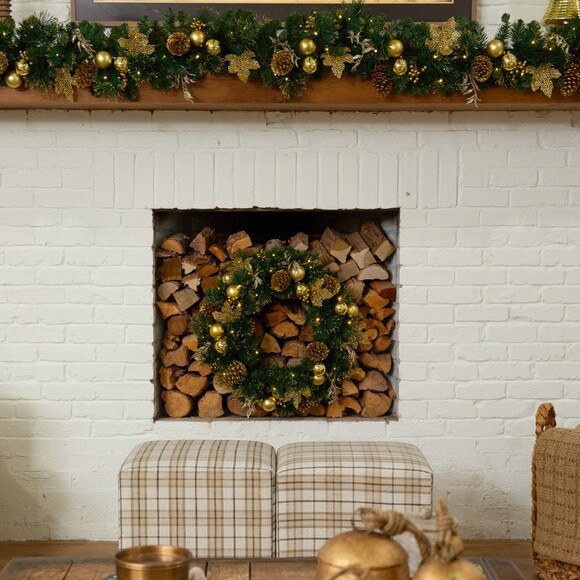 9-ft Pre-Lit Artificial Golden Frosted Christmas Garland with 50 Warm White LED Lights Pinecones Berries and Ornaments - SKU #W1385 - 8