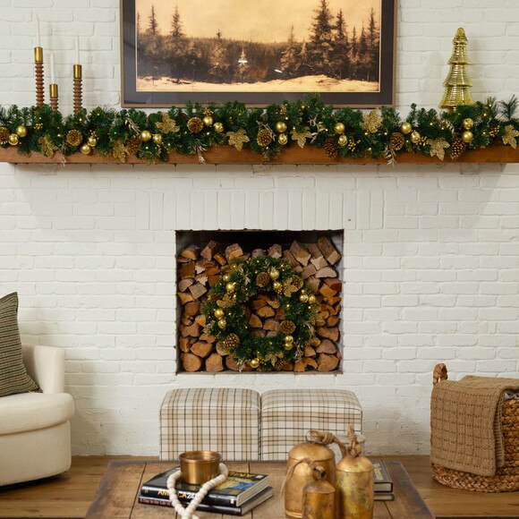 9-ft Pre-Lit Artificial Golden Frosted Christmas Garland with 50 Warm White LED Lights Pinecones Berries and Ornaments - SKU #W1385 - 9