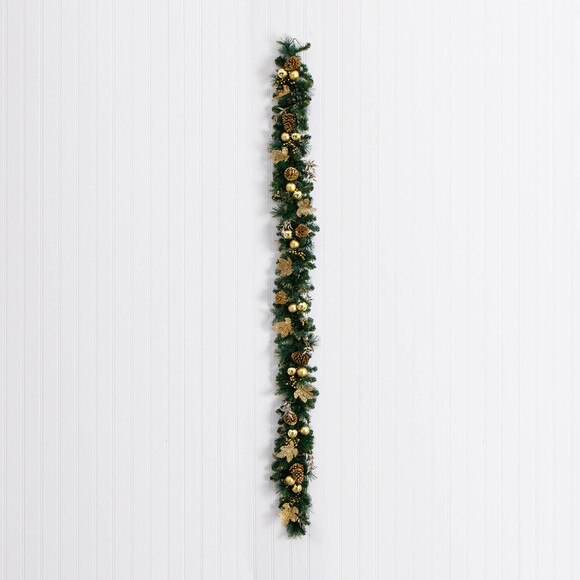 9-ft Pre-Lit Artificial Golden Frosted Christmas Garland with 50 Warm White LED Lights Pinecones Berries and Ornaments - SKU #W1385 - 10