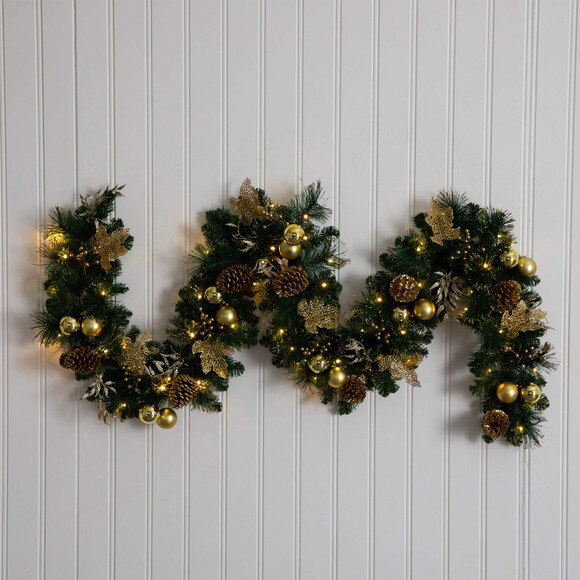 9-ft Pre-Lit Artificial Golden Frosted Christmas Garland with 50 Warm White LED Lights Pinecones Berries and Ornaments - SKU #W1385 - 11