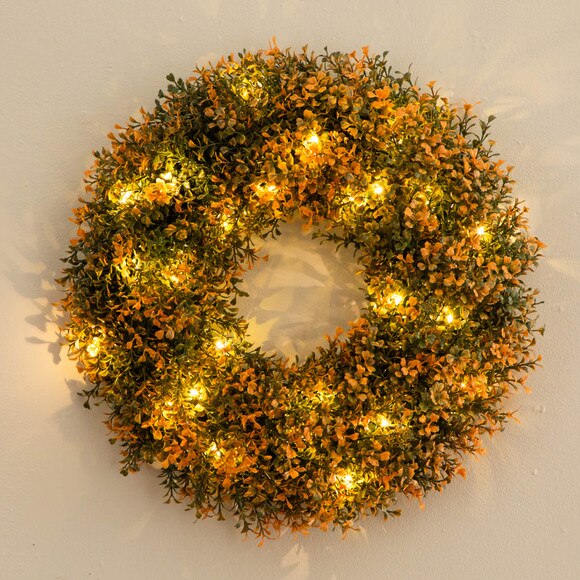18-in Pre-Lit Autumn Boxwood Artificial Fall Wreath with 25 Warm White LED Lights - SKU #W1389 - 11