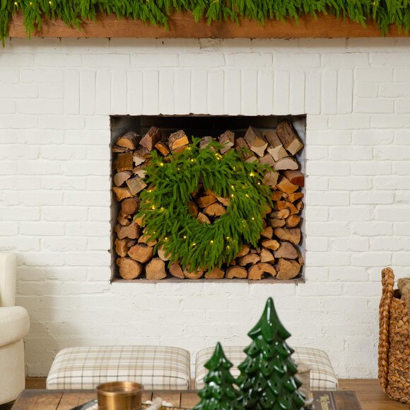 20-in Pre-Lit Artificial Real Touch Norfolk Island Pine Wreath with 35 Warm White LED Lights and Natural Look - SKU #W1391 - 4