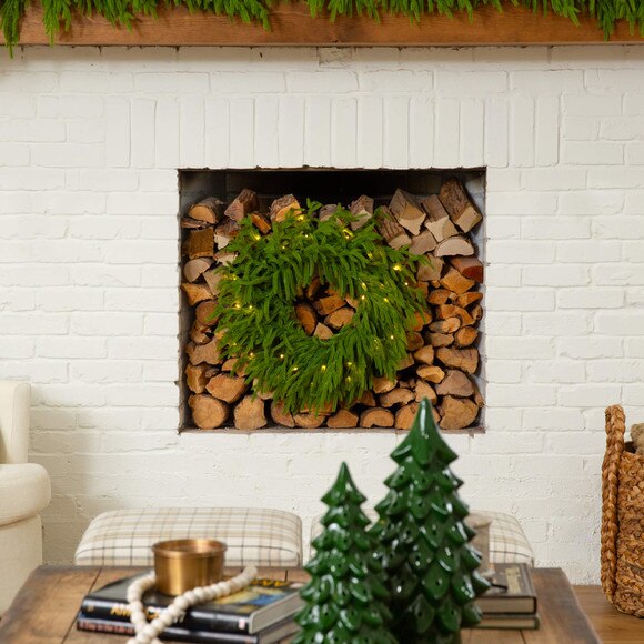 20-in Pre-Lit Artificial Real Touch Norfolk Island Pine Wreath with 35 Warm White LED Lights and Natural Look - SKU #W1391 - 5