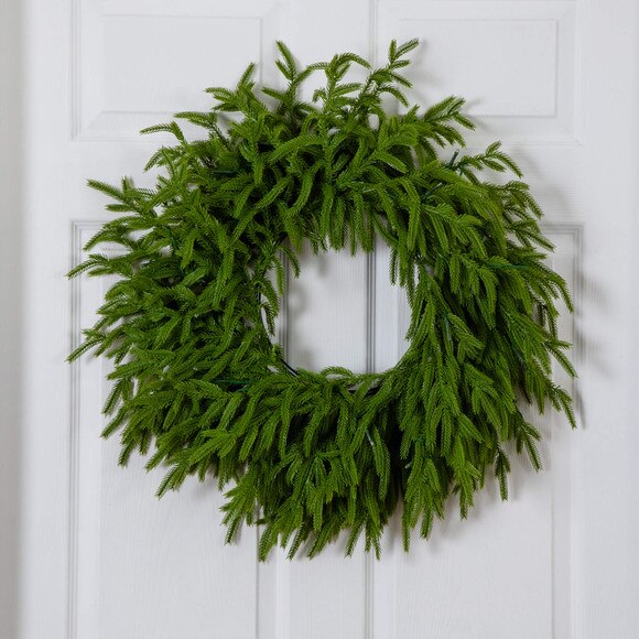 20-in Pre-Lit Artificial Real Touch Norfolk Island Pine Wreath with 35 Warm White LED Lights and Natural Look - SKU #W1391 - 8