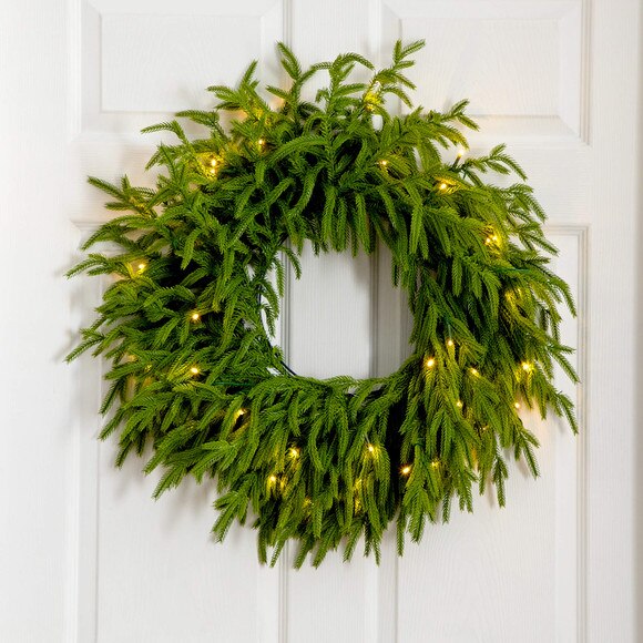 20-in Pre-Lit Artificial Real Touch Norfolk Island Pine Wreath with 35 Warm White LED Lights and Natural Look - SKU #W1391 - 9