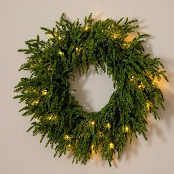 20-in Pre-Lit Artificial Real Touch Norfolk Island Pine Wreath with 35 Warm White LED Lights and Natural Look - SKU #W1391 - 11